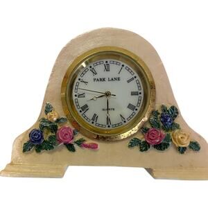 Park Lane Quartz Miniature Desk Clock Gold Tone Bezel Floral Roman Numerals